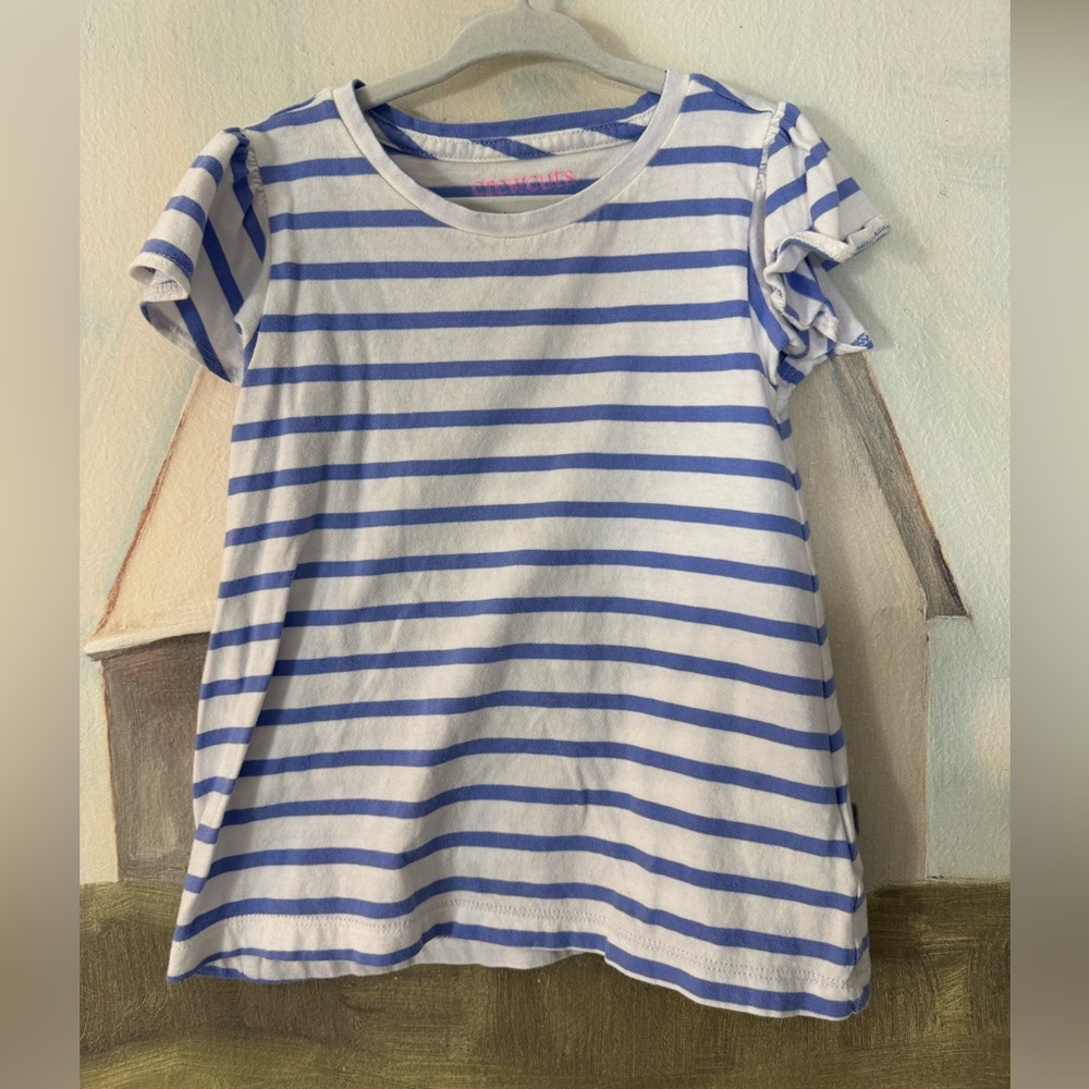 JCREW CREWCUTS Blue And White Striped Ruffle Sleeve Tee Size 4/5